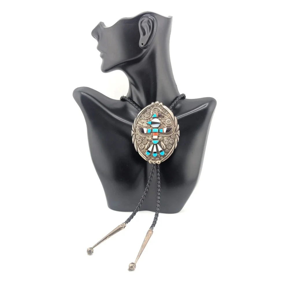 Rare Vintage Bolo Tie Museum Piece Leather Sterling Silver Southwest Accessory *
